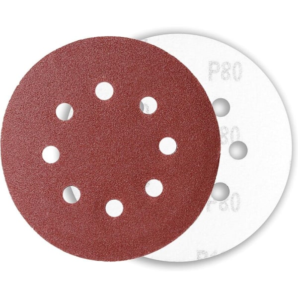 100 stk. 125 mm slibeskive til P80/P120 korn excentersliber, 8 huller krog- og løkke-skive med velcro, farve: P80 KLB