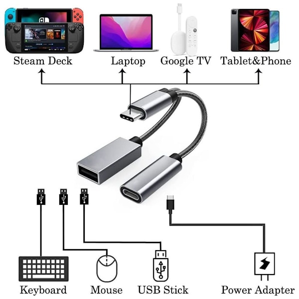 2-i-1 USB Type-C til USB-adapter (OTG-kabel + strømledning) Grå