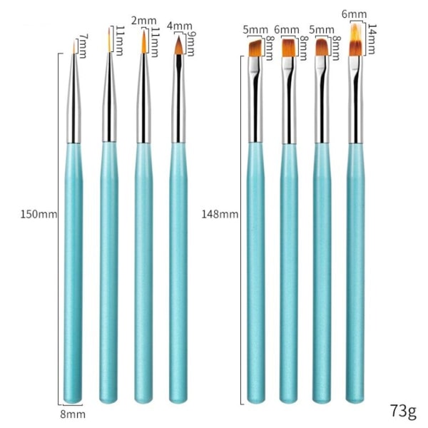8-pakning trekkbørstesett for utskårne og malte negler (blå)