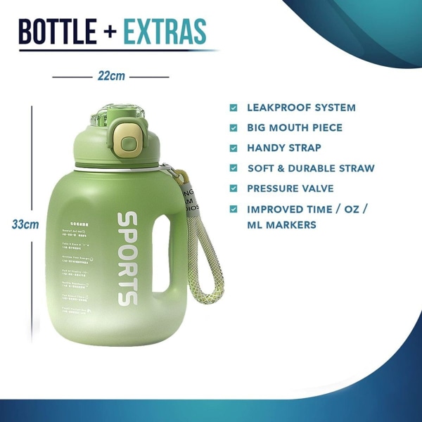 Water bottle with drinking times, straw, motivational, green, 1.7L KLB