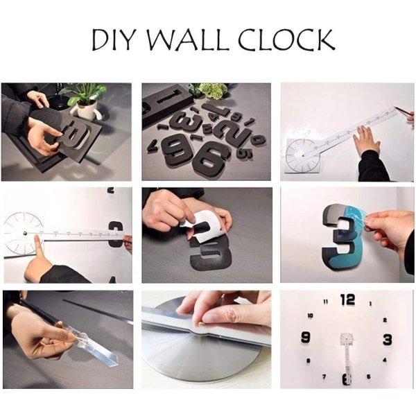 Modern tyst DIY väggklocka (svart, 70-90 cm), 3D självhäftande, för hem, restaurang, kontor och hotelldekoration-