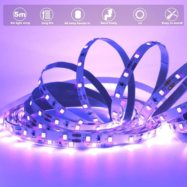 5V Svart UV Flexibel LED-remsa Set 5M Lila Tejp med USB för Festlig Inomhus, Juldekoration