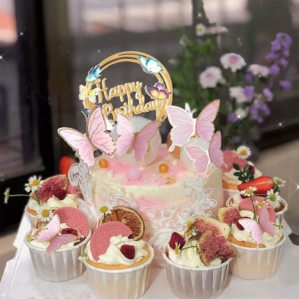 Pink sommerfugl kagepynt, 16 stk. sommerfugl cupcake pynt