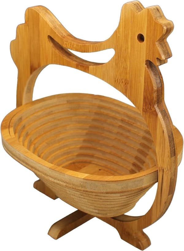 Fällbar korg i bambu, fruktkorg, dekorativ fruktskål, hopfällbar träkorg (kycklingdesign)
