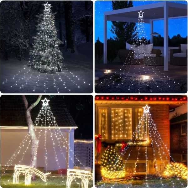 350 LED juletrær lyslenke med stjerne, 9*3,5m hvite juletrær lysgardin, utendørs og innendørs juledekorasjon