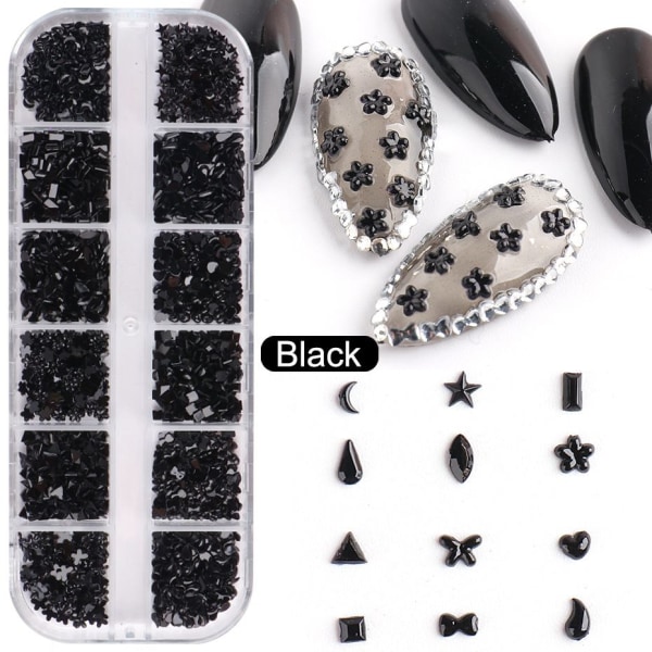 Et sett (svart) neglekunstsmykker 12 rutenett Fancy hjertestjerneform diamant flat rygg krystall rhinestones med pinsett for negle- og ansiktskunst, Deco