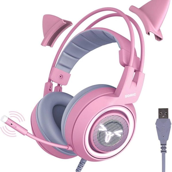 Pink gaming headset til PC, PS4, bærbar computer: 7.1 Virtual Surround