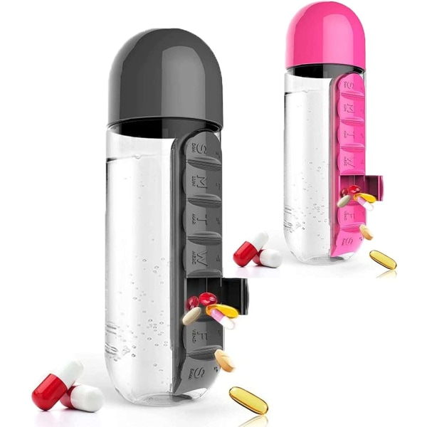 Bärbar 2-i-1 pillerbox/flaska-600 ml (rosa och svart)-