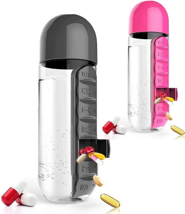 Kätevä 2-in-1 pillerirasia/pullo - 600 ml (pinkki ja musta)
