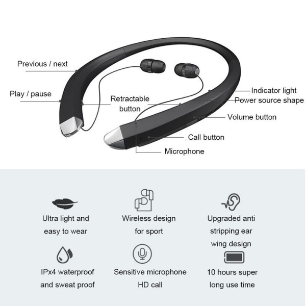 Bluetooth hörlurar, trådlöst halsbandsheadset med svart