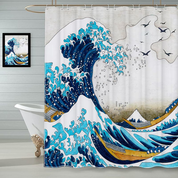 Badeforhæng Japanese Wave Kanagawa 180x180 cm(Kattestil) Badeforhæng Polyesterstof Anti Meldug Vandtæt Vaskbart Gardin-