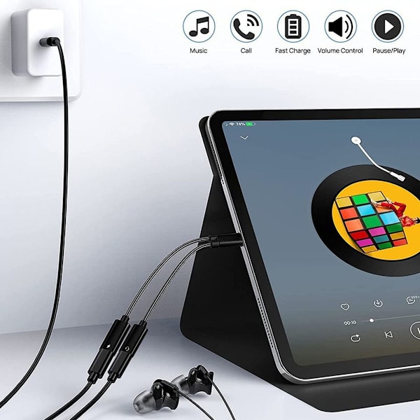 USB-C-splitter, dubbla USB-C-hörlurar och laddningsadapter med TA2H-R2L60 svart