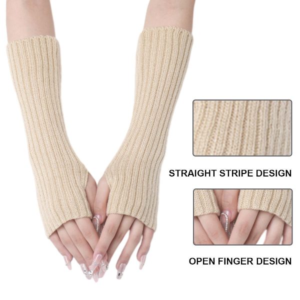 Dame Vinter Varme Over Elbow Lange Fingerløse Tommelfinger Hul Handsker Luffer Beige KLB