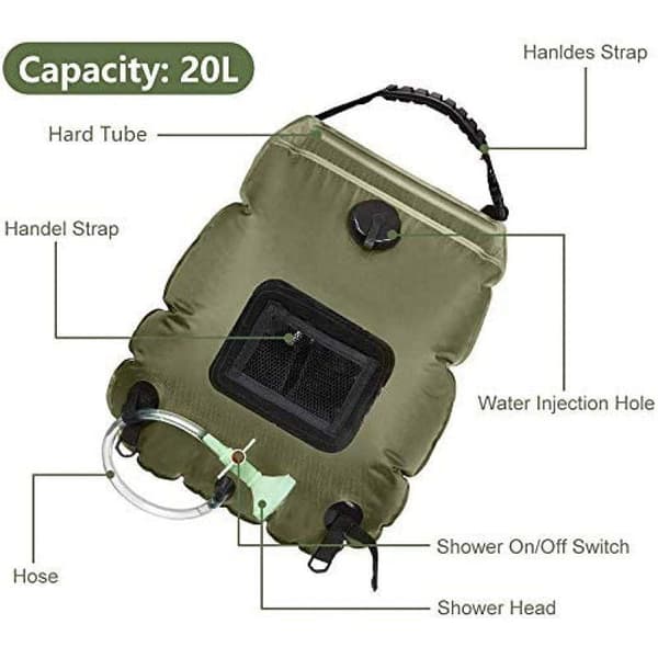 Solcelledusjpose 20L Solvarme Campingdusjpose med Avtakbar