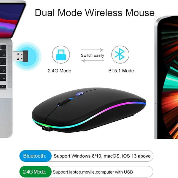 Mus LED Trådløs Mus Genopladelig 2.4G Lydløs Bluetooth 5.1 Bærbar USB KLB