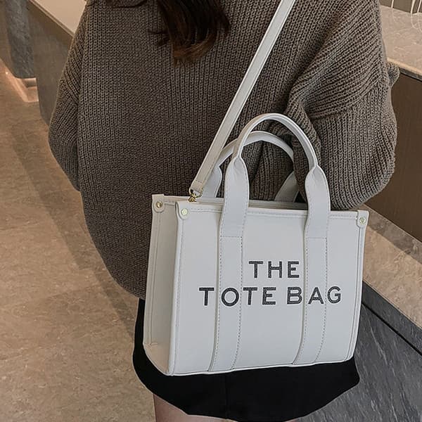 Lær tote bag for kvinner, håndveske med hvit KLB