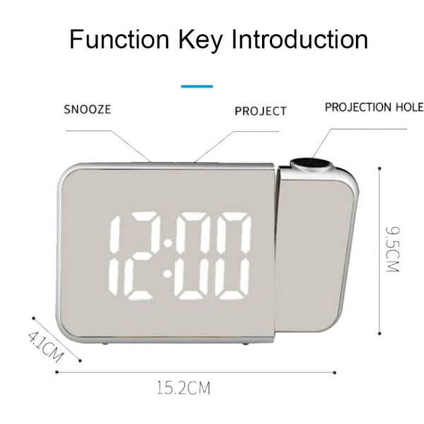 Automatisk halvlysande elektronisk klocka med LED-spegelprojektion (svart skal +