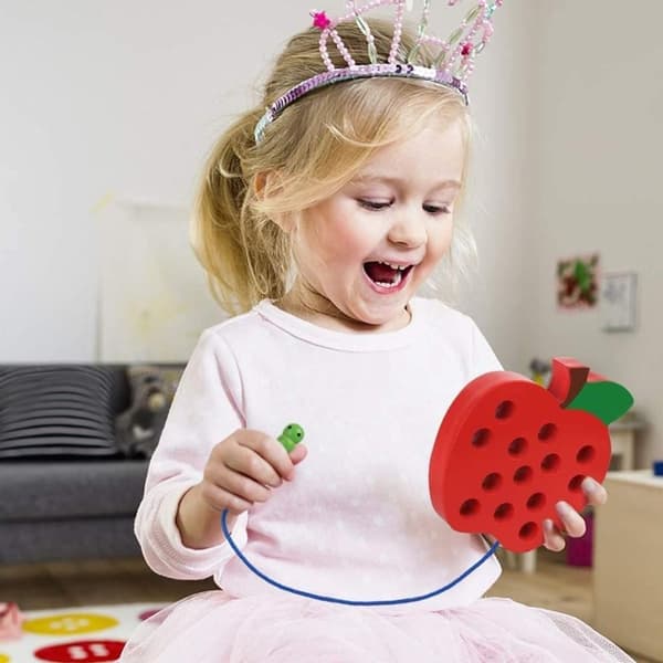Smil trådspil æble, trådspil træ, tråd legetøj, Montessori legetøj træ, KLB
