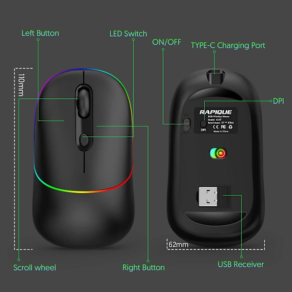 LED trådløs mus, genopladelig lydløs RGB-belysning computer