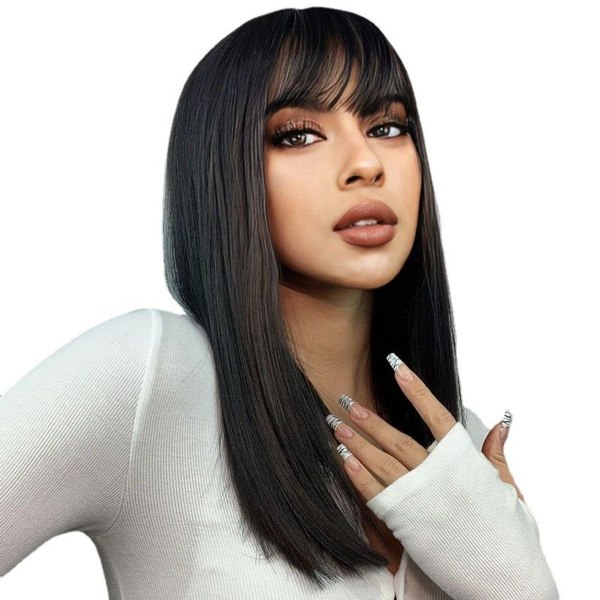 Natural straight short human hair wig with shoulder-length bangs for women