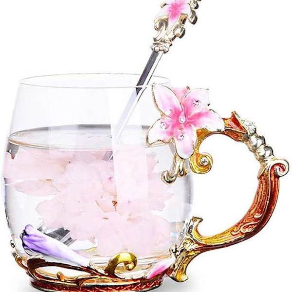 Emaljeret blomsterglas kaffekop, tekopper med ske, bedst