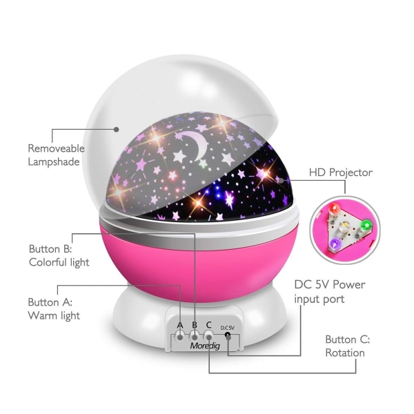 Natlys stjernehimmelprojektor, babylys 360° rotation LED-stjernelys KLB
