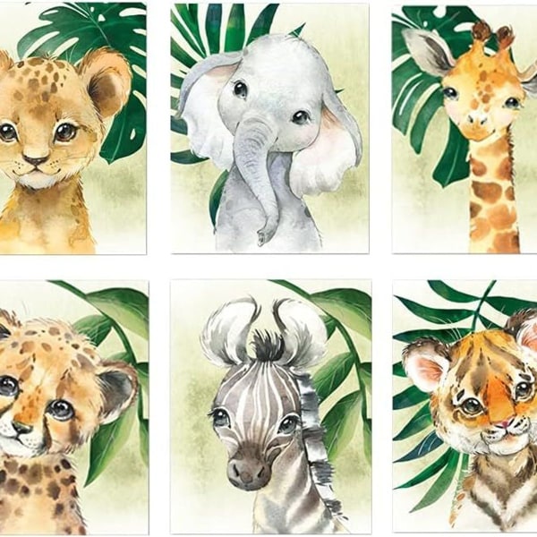 Little Baby Aquarel Animal Jungle Safari Prints Set med 6 (oinramade) KLB