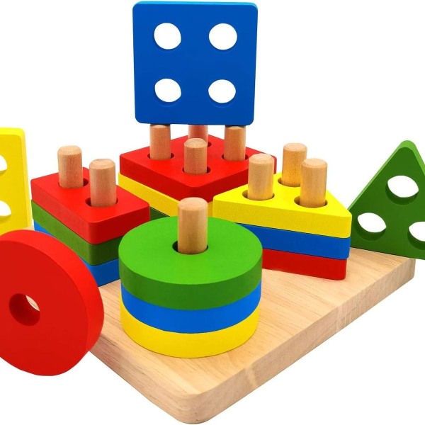 Träpussel, sortering, stapling av leksaker, pedagogiska leksaker, Montessori barnleksaker KLB