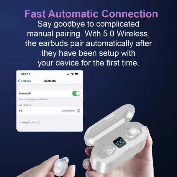 Trådløse, oppladbare IPX5-vannbestandige ørepropper med Bluetooth 5.1, hvite