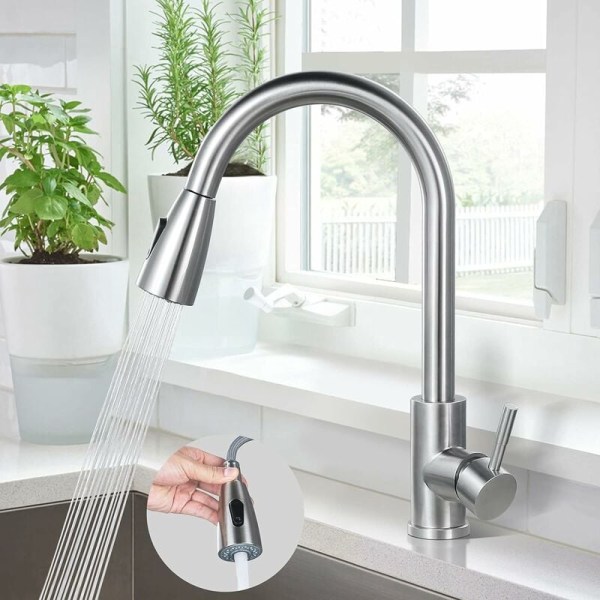 Kitchen Faucet, 304 Stainless Steel Sink Mixer, Two Water Outlet Modes, 360° Rotatable Sink Faucet with Pull-Out Spray and Two 60cm Inlet Pipes KLB