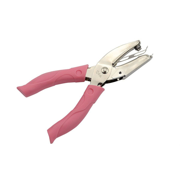 Håndholdt hullmaskin, med rosa håndtak (hjerte), hullmaskin, håndlaget, A4-papir, dokumenter,