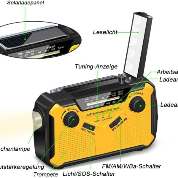 Solradio, AM/FM bärbar vevradio nödradio med 2500mAh