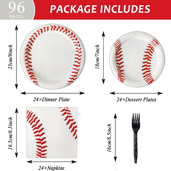 96-osainen baseball-juhlatarvikepaketti, paperilautaset, lautasliinat, baseballit, syntymäpäivä