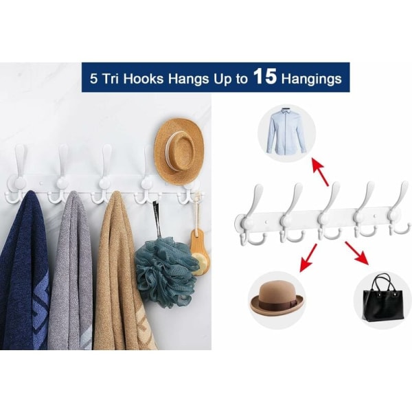 KLB - 2 stk. vægmonteret knagerække i rustfrit stål til håndklæder, frakker, hatte og nøgler til badeværelse, soveværelse, hotelindgang (5 kroge, hvid)