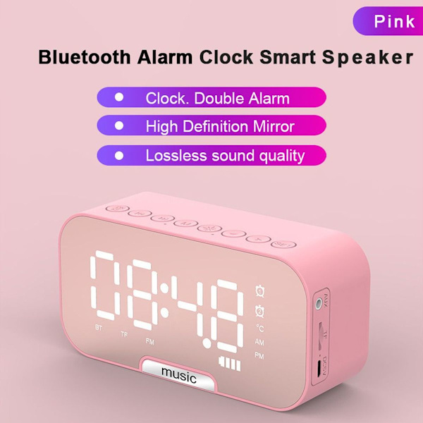 Trådlös Bluetooth-högtalare Spegelklocka Mini Väckarklocka Rosa