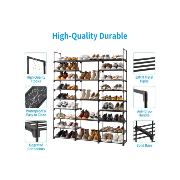 Metal Shoe Rack 9 Tiers Black - Storage for 50 Pairs Capacity, Dimensions 127x28x157.5cm, Stackable KLB