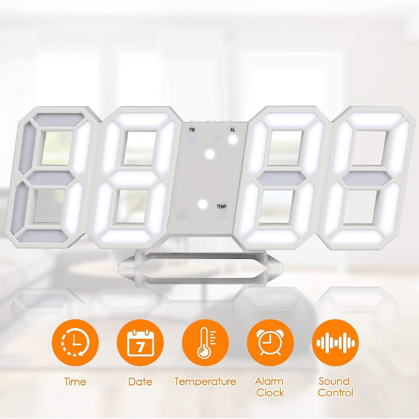 Digital LED vægur med USB-port - Dæmpbar belyst ur med kalender, alarm, temperaturindikator - Ideel til kontor, hjem, hotel, soveværelse