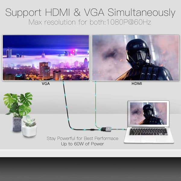 USB C til HDMI VGA-adapter, dobbelt skærm Type C til HDMI VGA