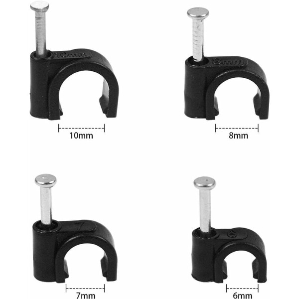 400 stk kabelklips kabelbindere 6mm 7mm 8mm 10mm kabelhengere veggkabelbindere for elektrisk ledning/kabelarrangør svart KLB