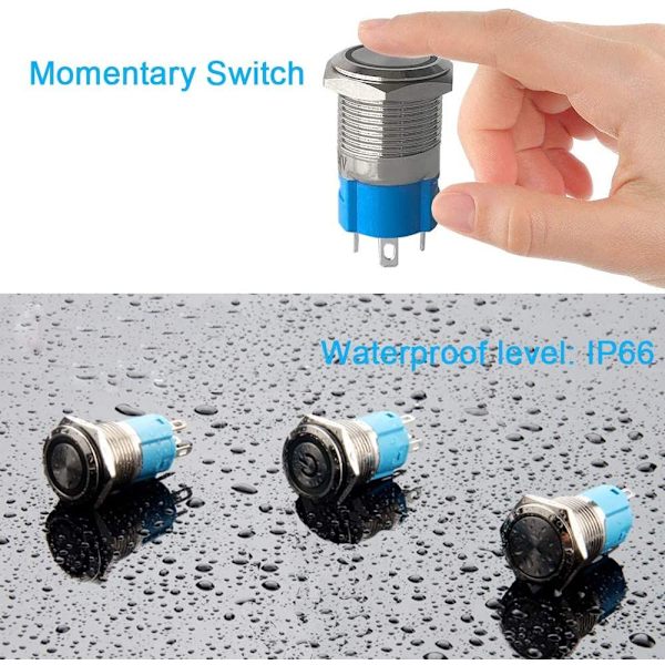 3 stk Premium 12V/24V 5A Momentary Trykknappbryter, 16mm Trykknappbryter, Blå LED IP67 Vanntett Bryter med Strømstikkontakt