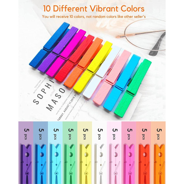 Sett med 50 fargerike klesklyper, fargerike klesklyper av tre, regnbuefarger
