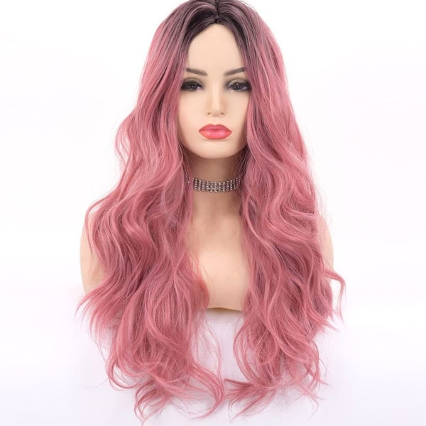 Brown women's wig with gradient pink