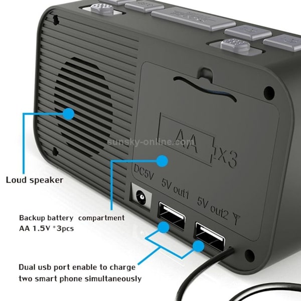 DAB-A1 stor skärm DAB & FM väckarklockradio med dubbla USB