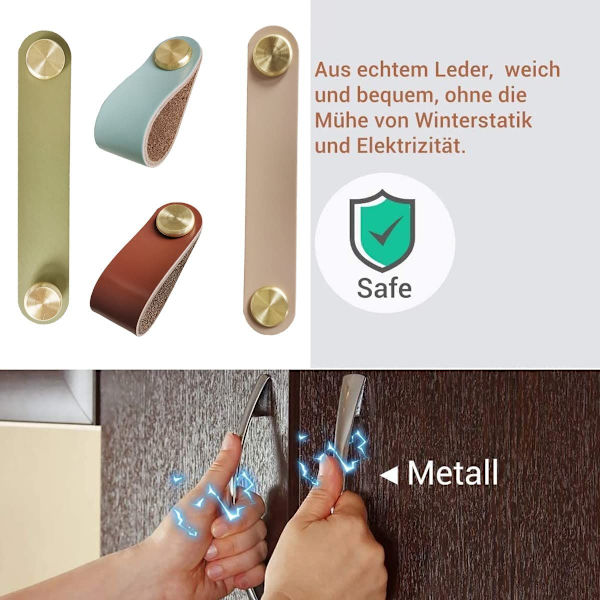 Läderhandtag för skåp, 4 st vintage möbelhandtag, läderknoppar för köksskåp (brun)