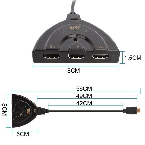 HDMI-switch, 3-portars 4K HDMI-switch 3x1-switch-splitter med Pigtail-kabel