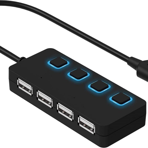 4-porters USB 2.0-datahub med individuelle LED-belyste strømknapper