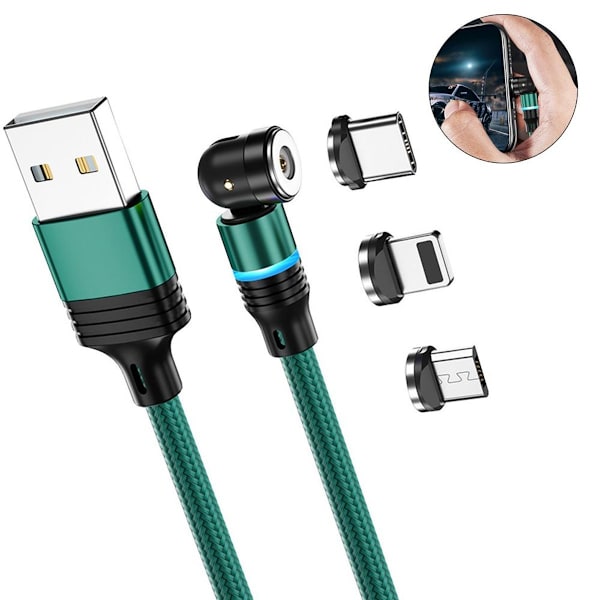 Pakke med 3 magnetiske USB-opladningskabler - holdbar flettet nylon grøn