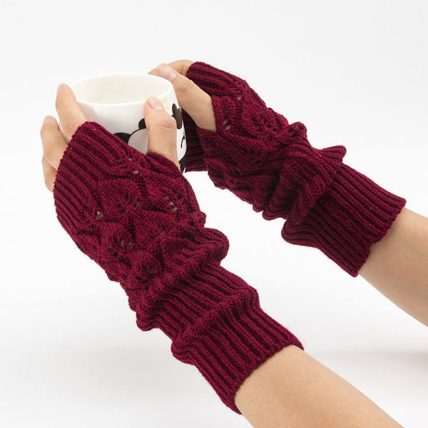 Dam Knittade Jacquard Löv Cykling Varma Öppna Finger Halvfinger Typi Jujube Röd KLB