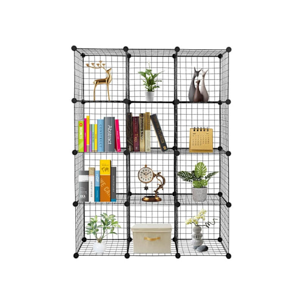 Modulær gitterhylle, 13 kuber DIY metallrom lagringsenhet 35x35 cm, svart KLB