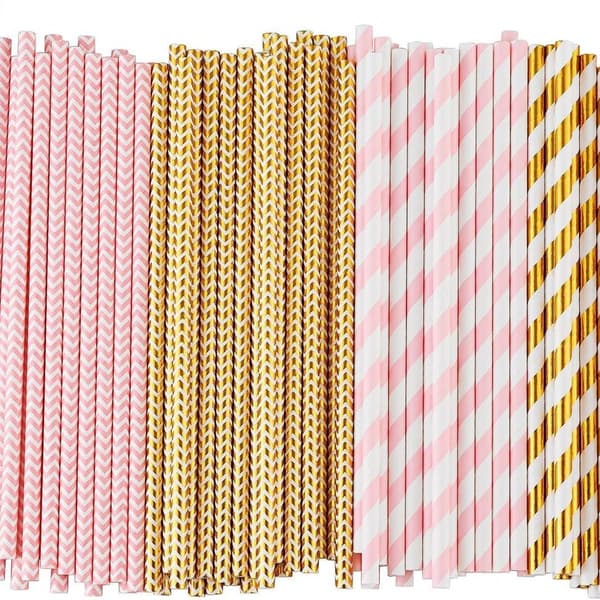 Biologiskt nedbrytbara pappers sugrör, 100 rosa sugrör/guld sugrör